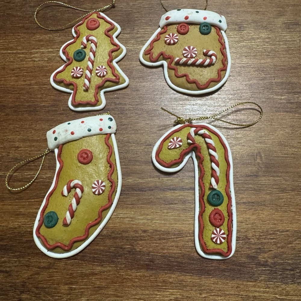 Set Of 4 Christmas Ornaments Handmade Soft Clay - Stocking, Candy Cane, Tree